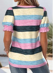 Striped Multi Color Short Sleeve Square Neck T Shirt