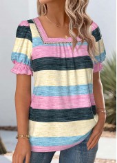 Striped Multi Color Short Sleeve Square Neck T Shirt