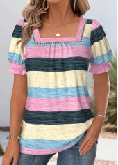 Striped Multi Color Short Sleeve Square Neck T Shirt