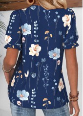Floral Print Navy Short Sleeve V Neck Blouse