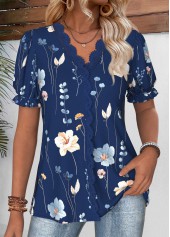 Floral Print Navy Short Sleeve V Neck Blouse