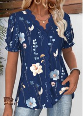 Floral Print Navy Short Sleeve V Neck Blouse
