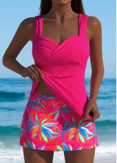 Mid Waisted Hot Pink Leaf Print Tankini Set