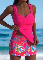 Mid Waisted Hot Pink Leaf Print Tankini Set
