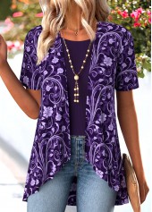 Floral Print Purple Short Sleeve Fake Two Piece Twinset