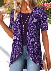 Floral Print Purple Short Sleeve Fake Two Piece Twinset