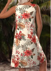 Floral Print Beige Short A Line Sleeveless Dress
