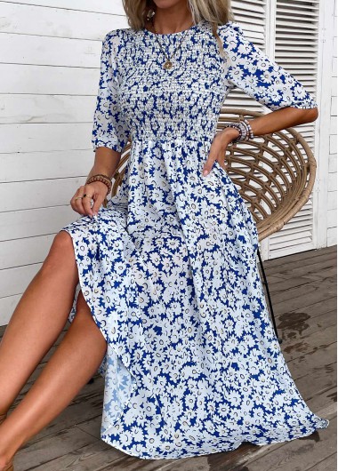 Rosewe Ditsy Floral Print Smocked Blue Round Neck Dress - M Rosewe Ditsy Floral Print Smocked Blue Round Neck Dress - M