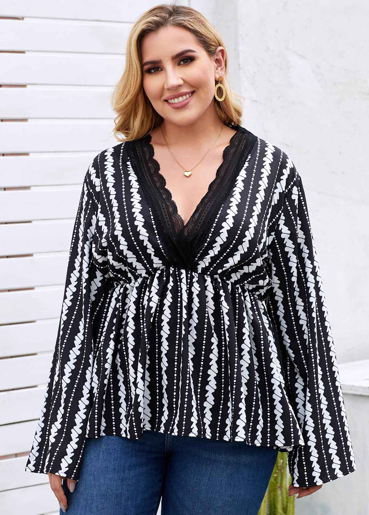 Lace Trim Printed Plus Size Blouse