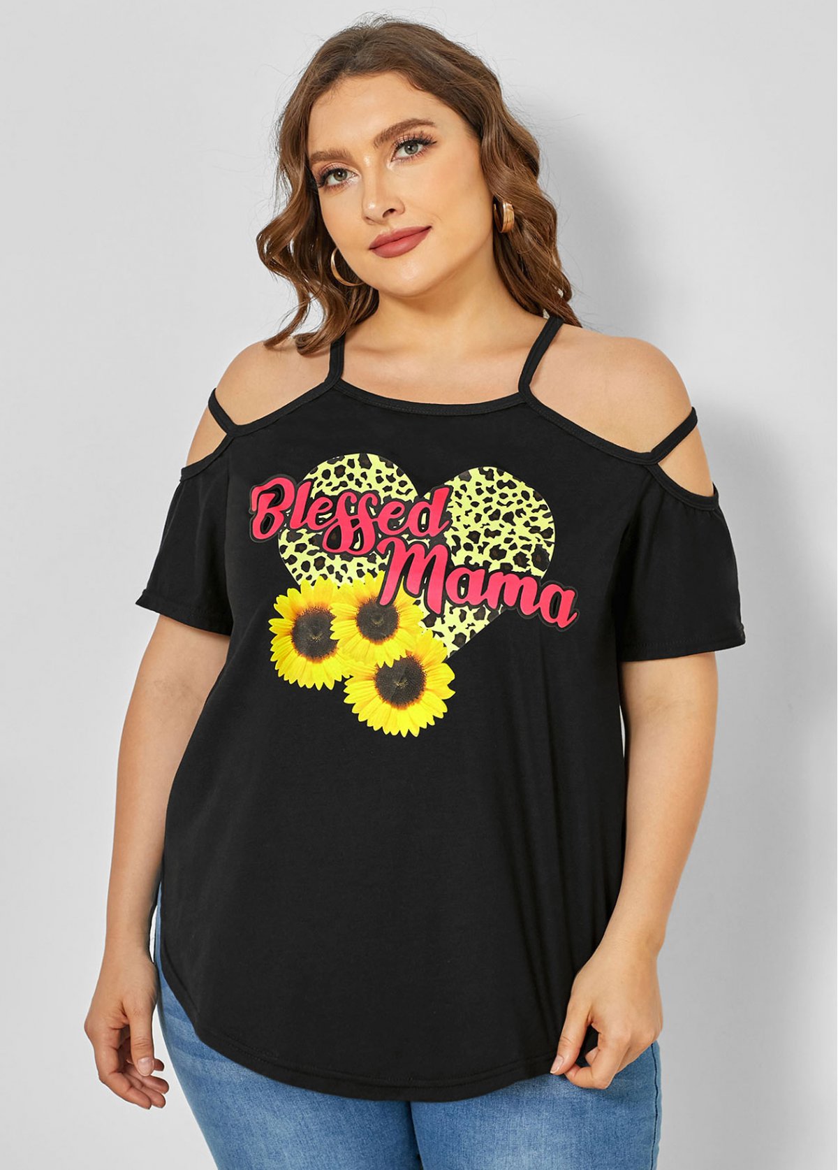 Sunflower Print Plus Size Strappy Cold Shoulder T Shirt