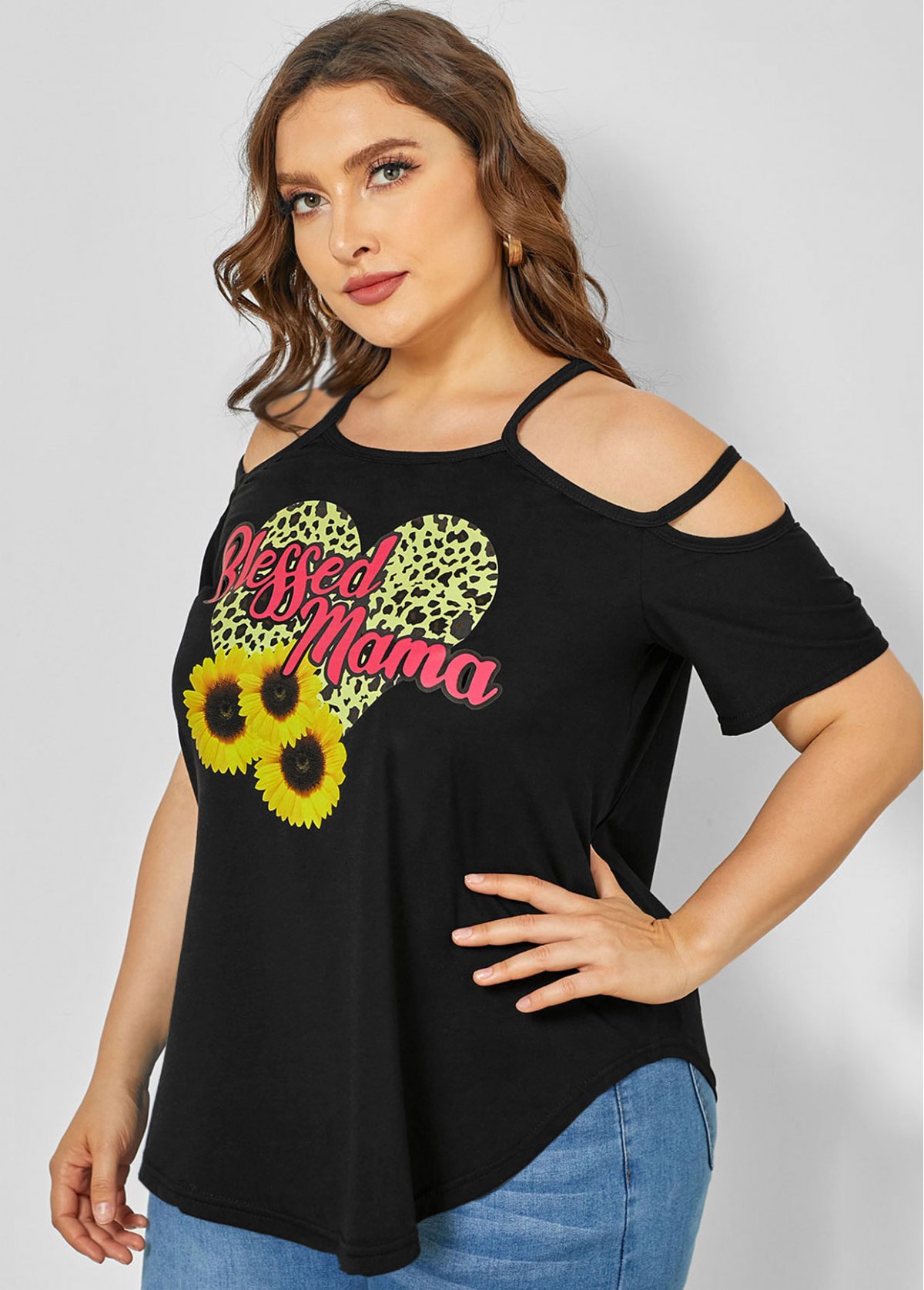 Sunflower Print Plus Size Strappy Cold Shoulder T Shirt