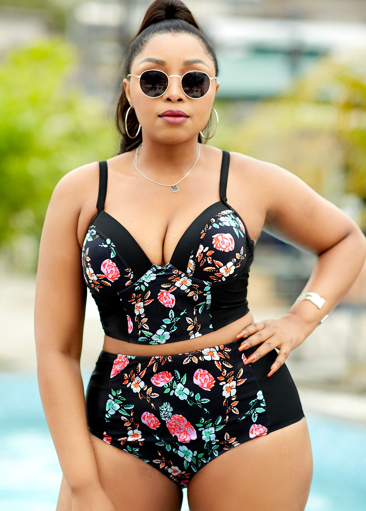High Waisted Floral Print Black Bikini Set