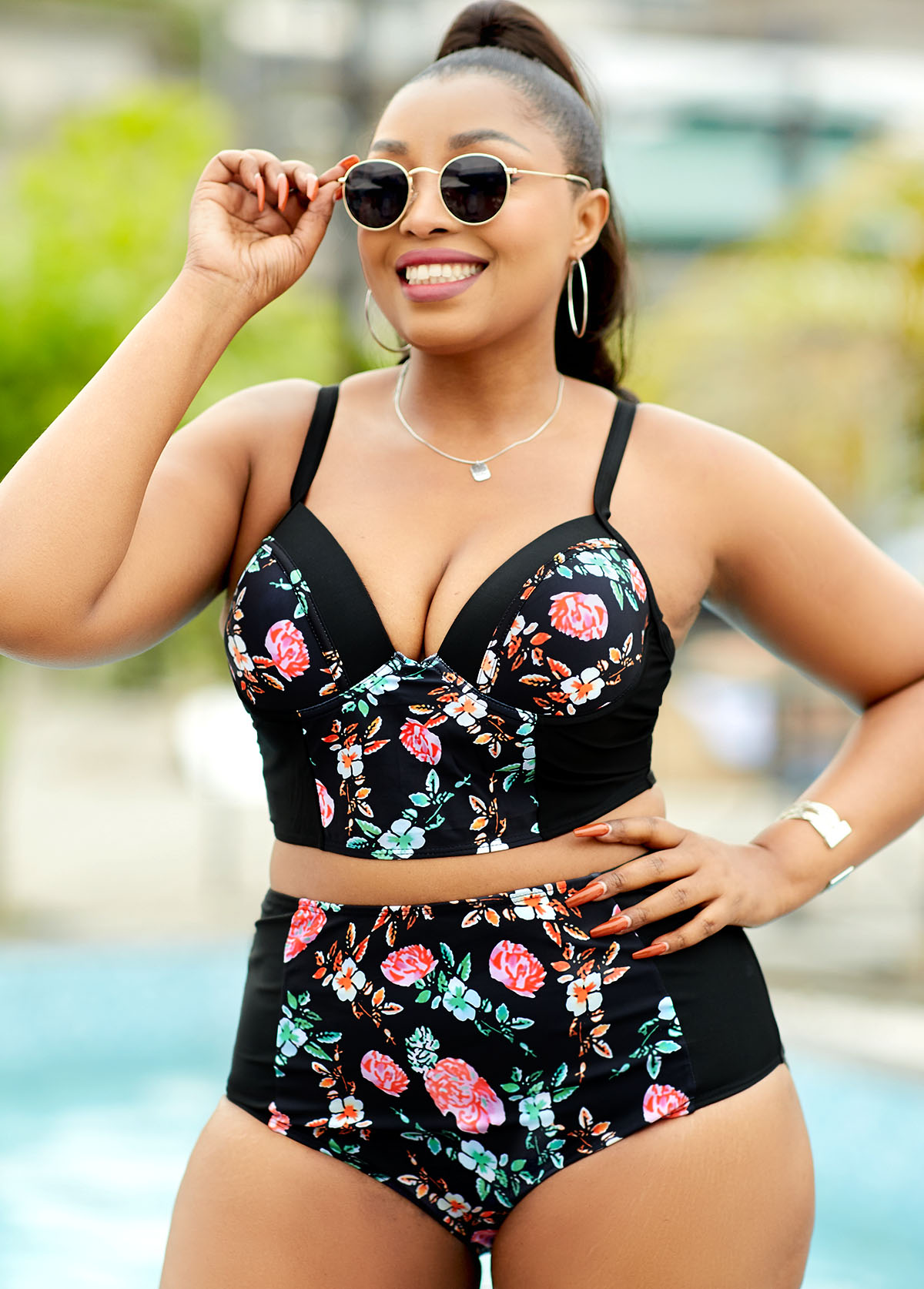 High Waisted Floral Print Black Bikini Set