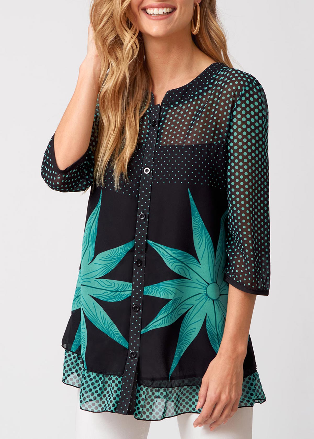 3/4 Sleeve Polka Dot Button Up Blouse