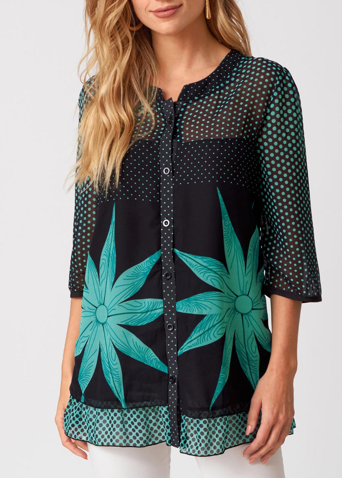 3/4 Sleeve Polka Dot Button Up Blouse