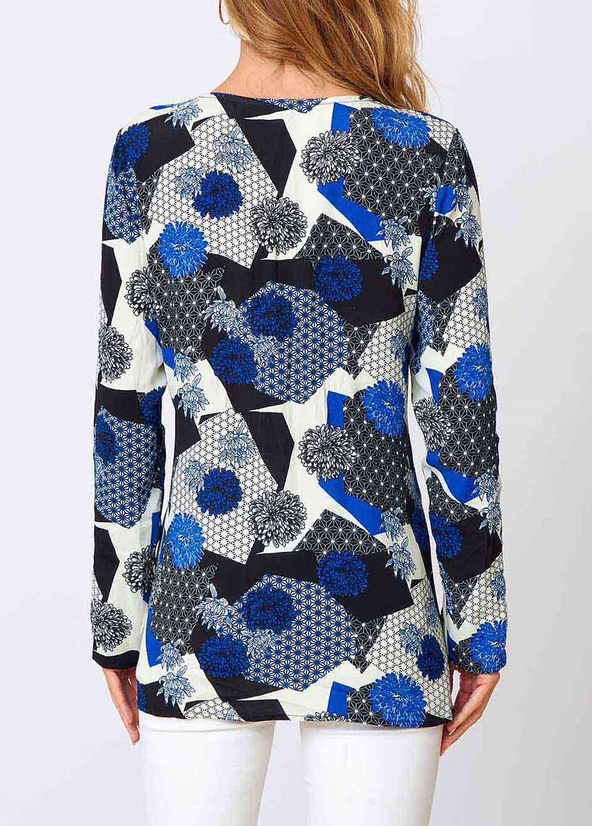 Floral Print Lace Blue Long Sleeve V Neck Shirt