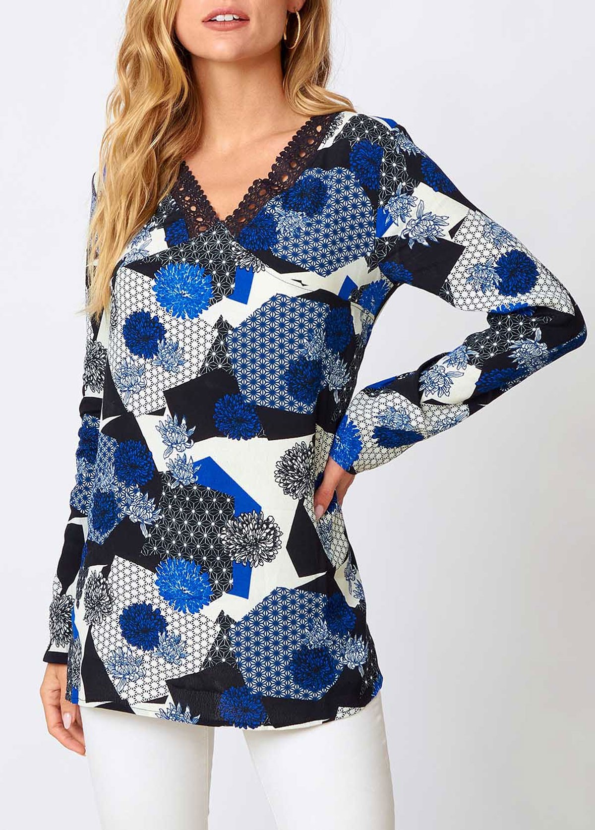 Floral Print Lace Blue Long Sleeve V Neck Shirt