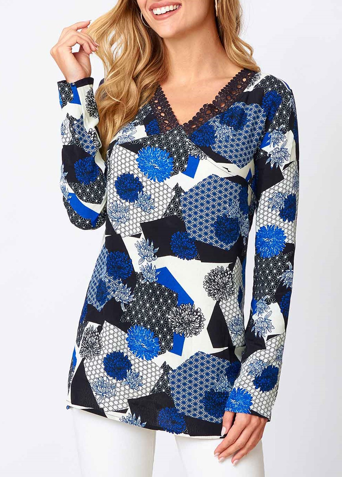 Floral Print Lace Blue Long Sleeve V Neck Shirt