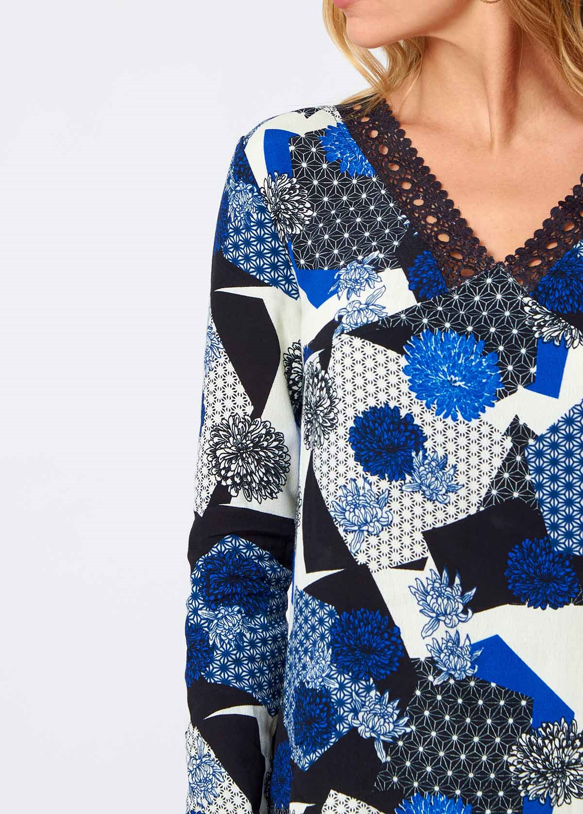 Floral Print Lace Blue Long Sleeve V Neck Shirt