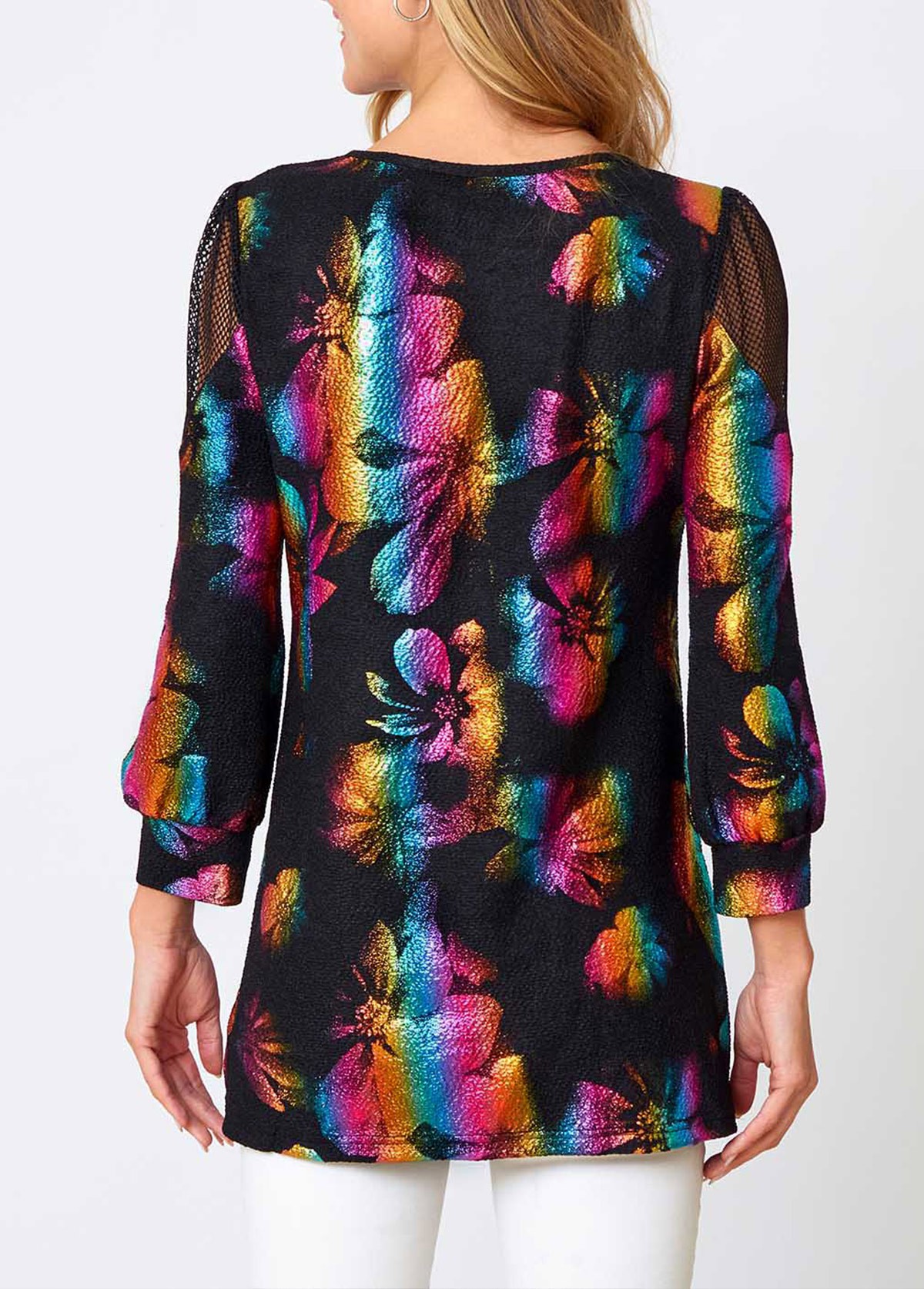 Fishnet Panel Round Neck Colorful Sweatshirt