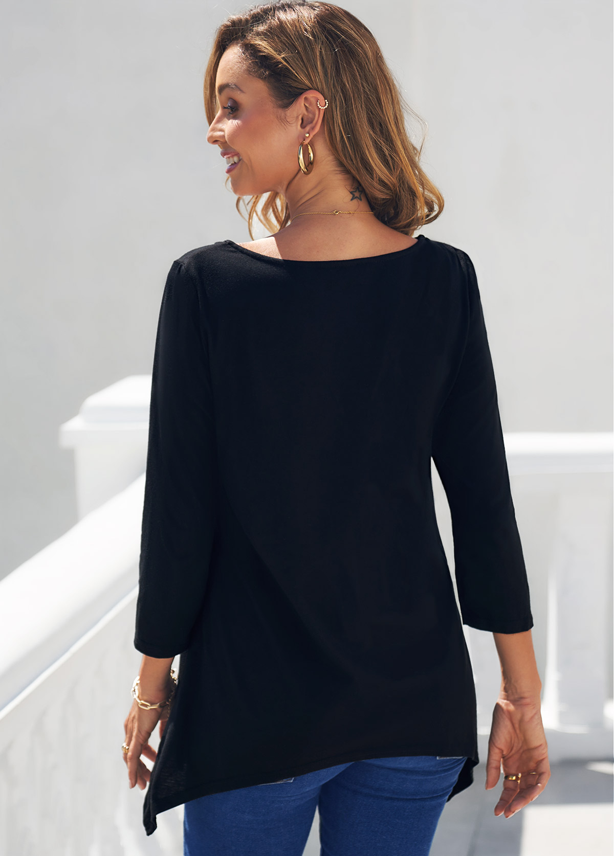 Tribal Print Asymmetric Hem Black T Shirt