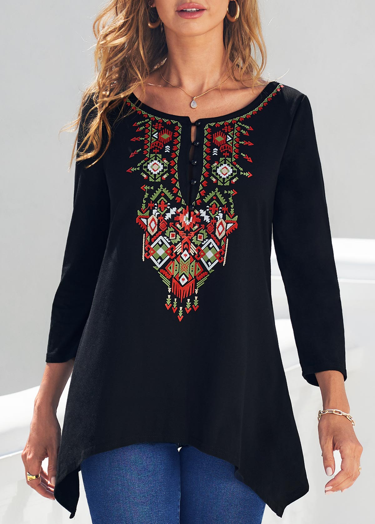 Tribal Print Asymmetric Hem Black T Shirt