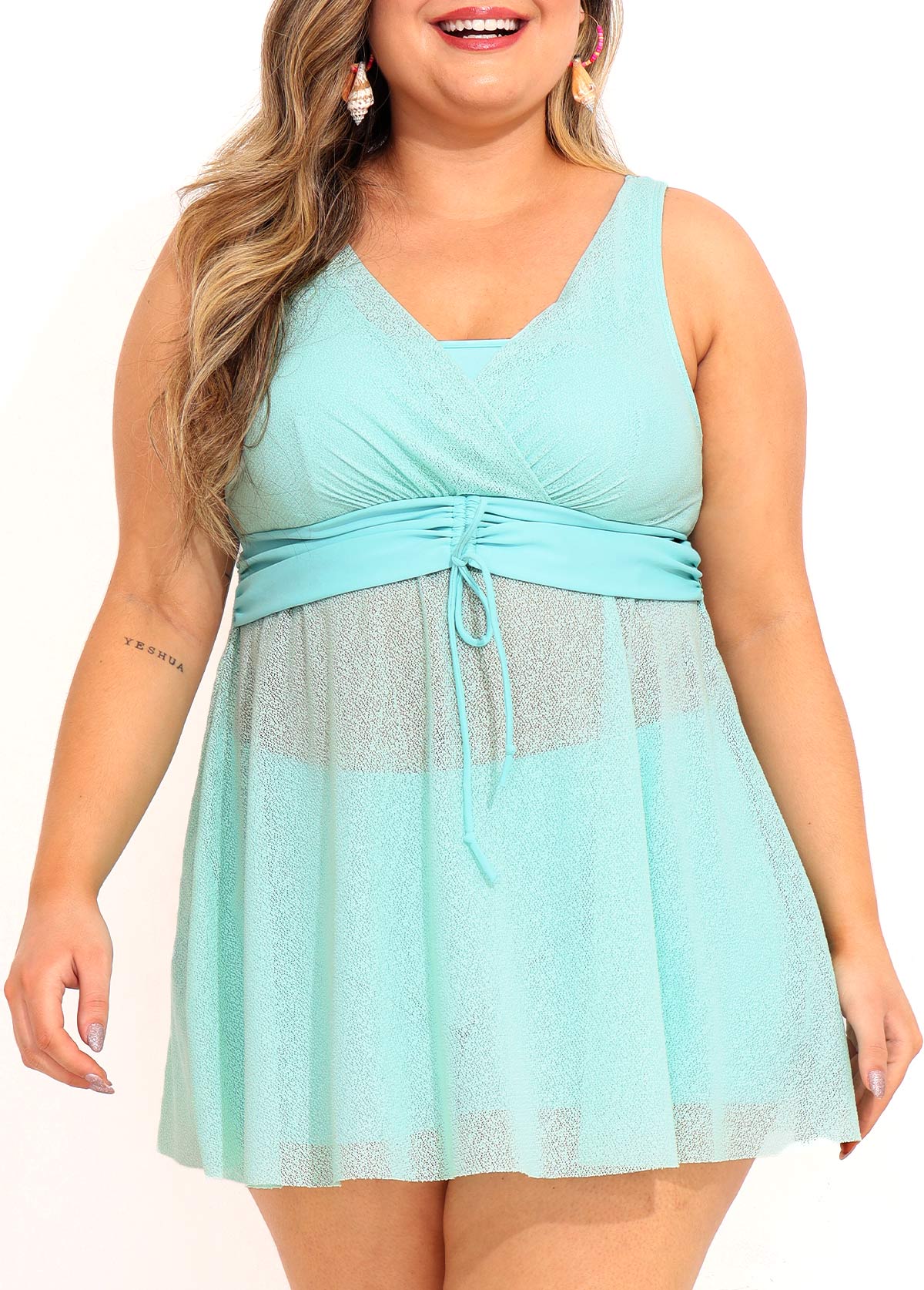 High Waisted Blue Plus Size Drawstring Tankini Set