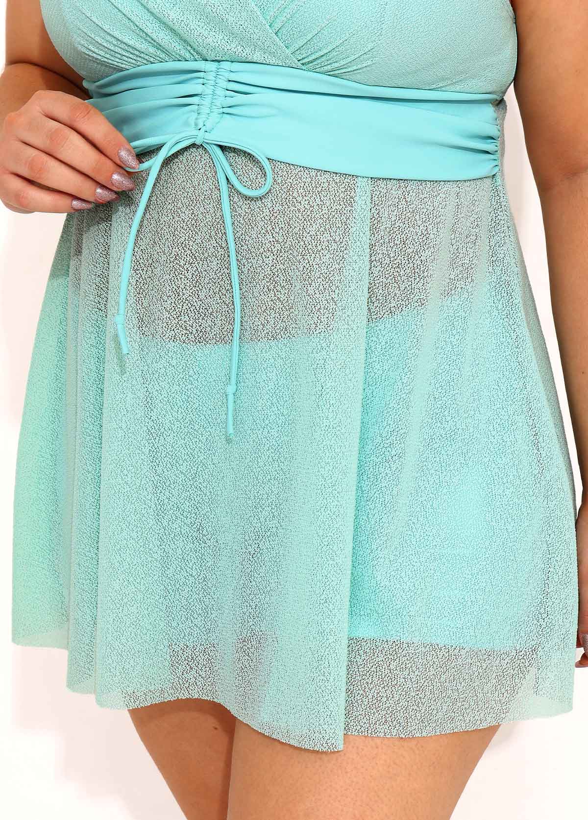 High Waisted Blue Plus Size Drawstring Tankini Set