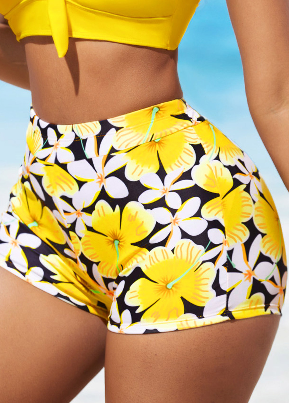 Yellow High Waisted Floral Print Swim Shorts