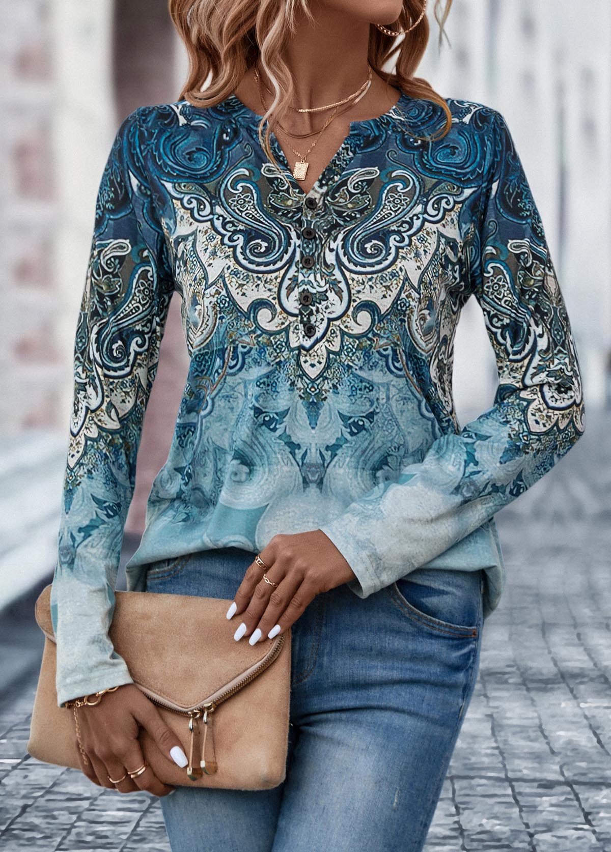 Tribal Print Button Dusty Blue T Shirt