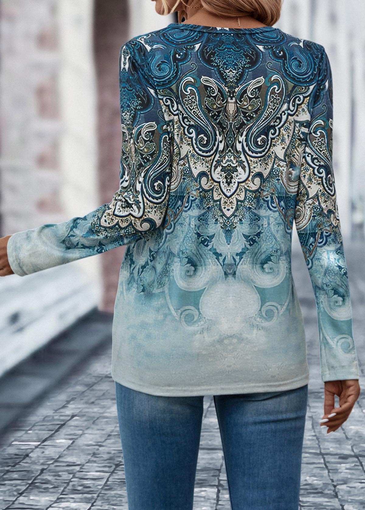 Tribal Print Button Dusty Blue T Shirt