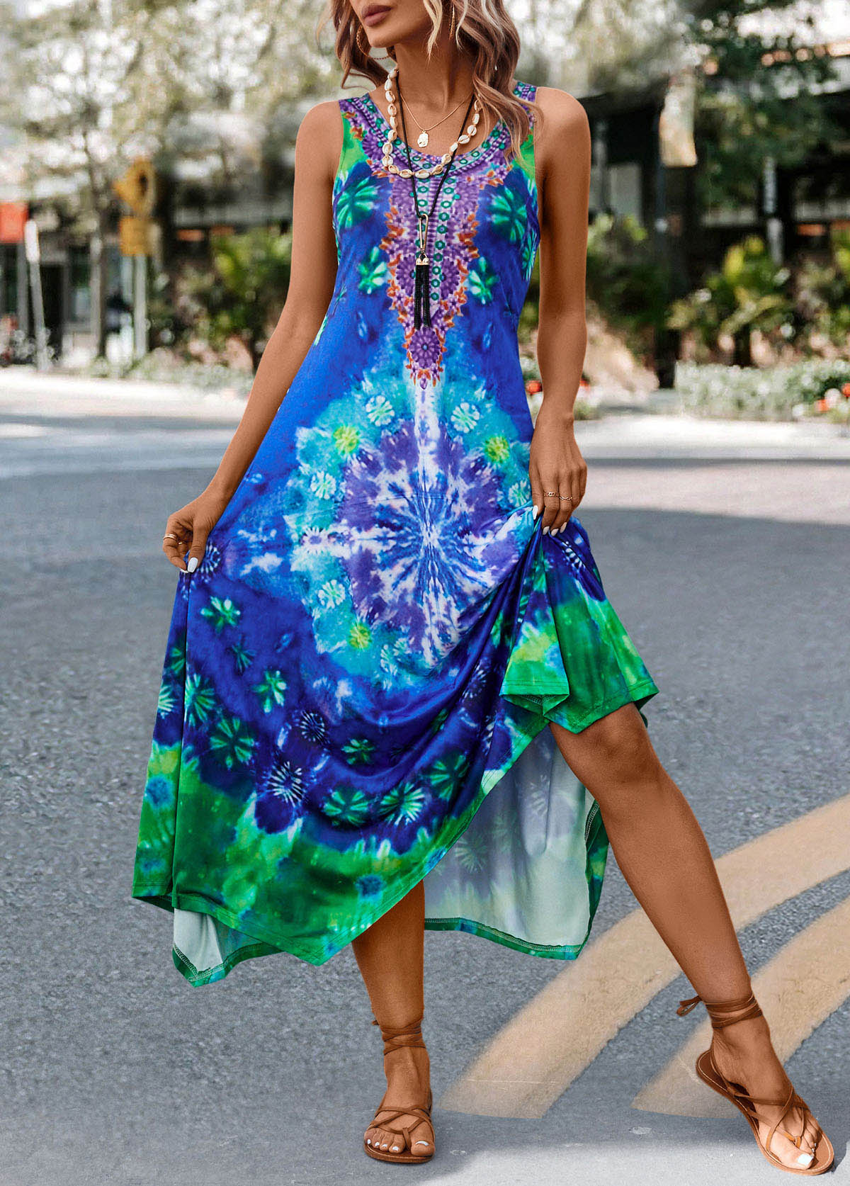 Tie Dye Print Asymmetry Blue H Shape Dress