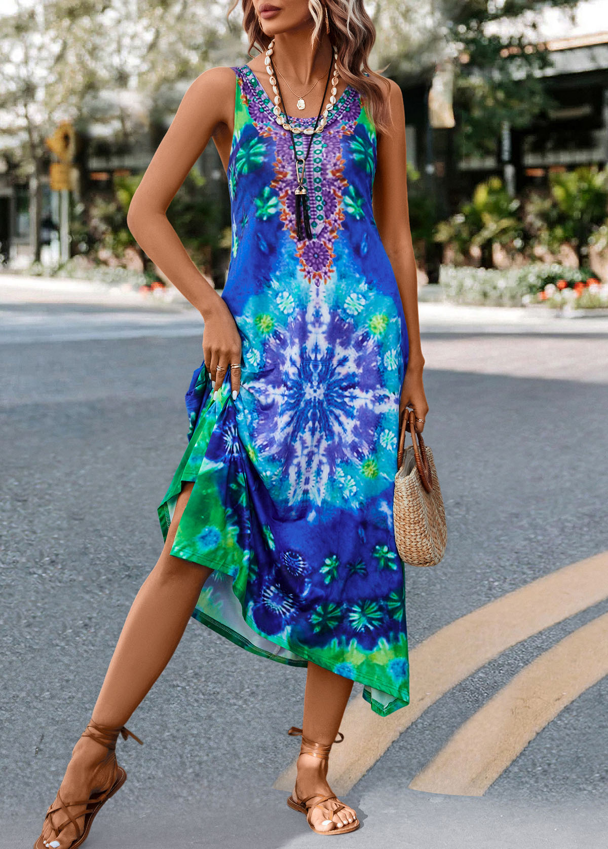 Tie Dye Print Asymmetry Blue H Shape Dress