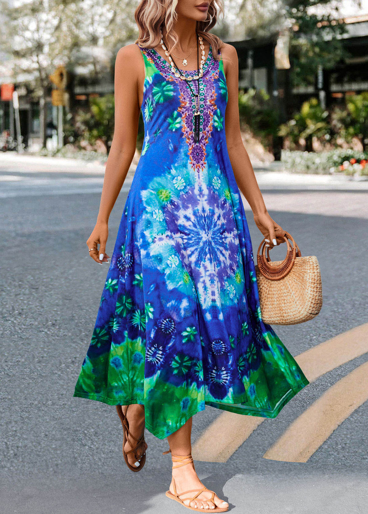 Tie Dye Print Asymmetry Blue H Shape Dress