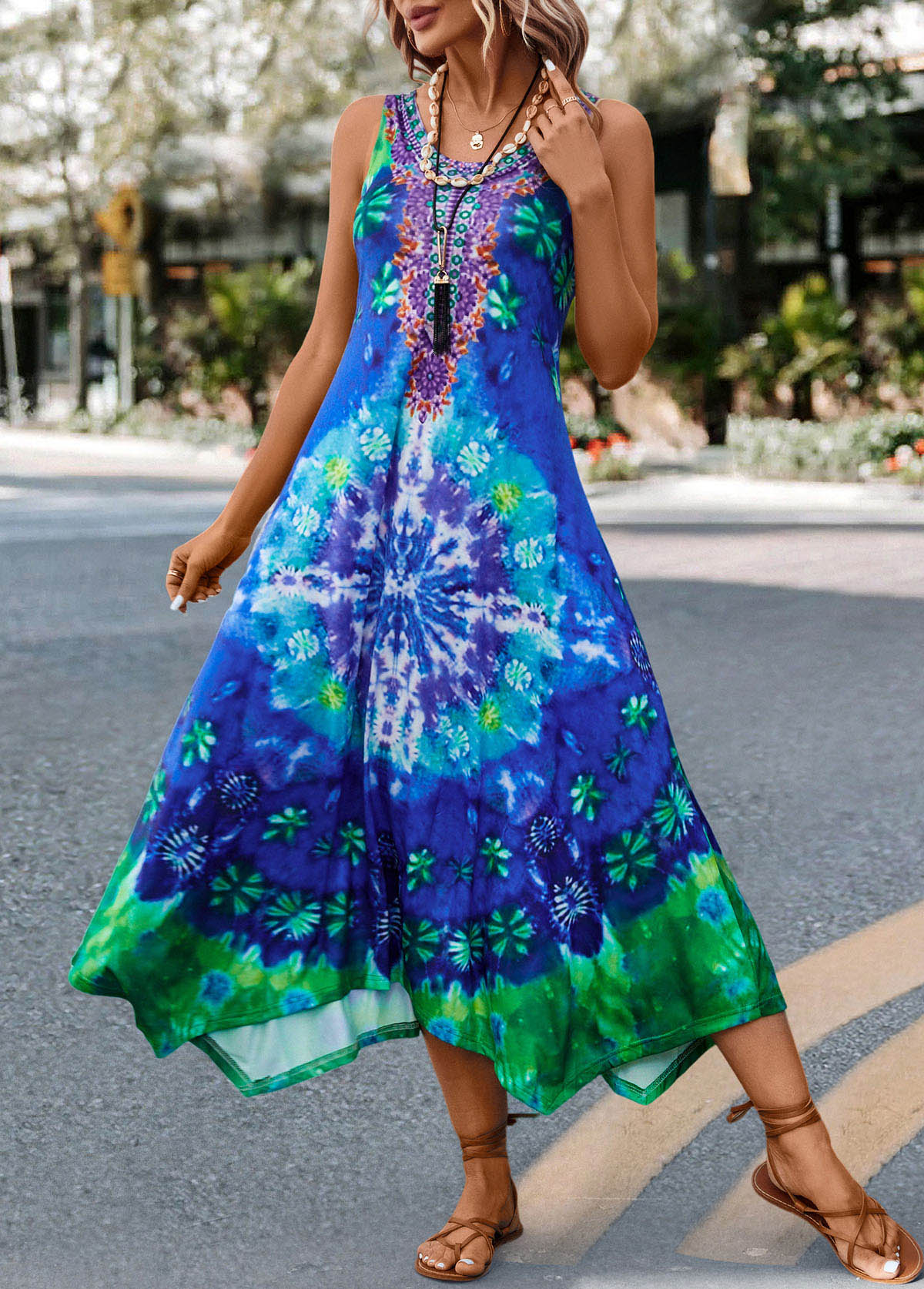 Tie Dye Print Asymmetry Blue H Shape Dress