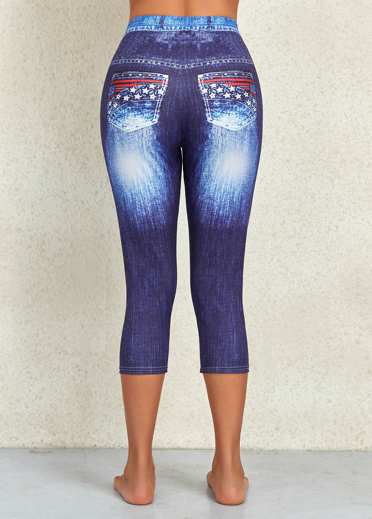 Flag Print Denim Blue Elastic Waist Leggings