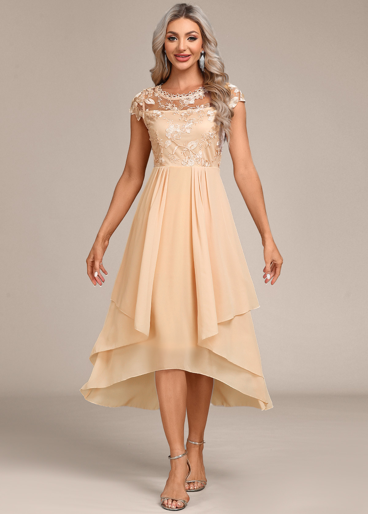 Round Neck Lace Champagne High Low Dress