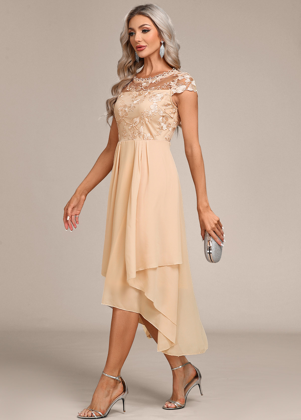 Round Neck Lace Champagne High Low Dress