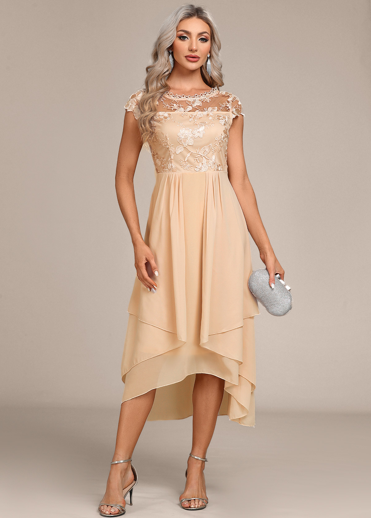 Round Neck Lace Champagne High Low Dress