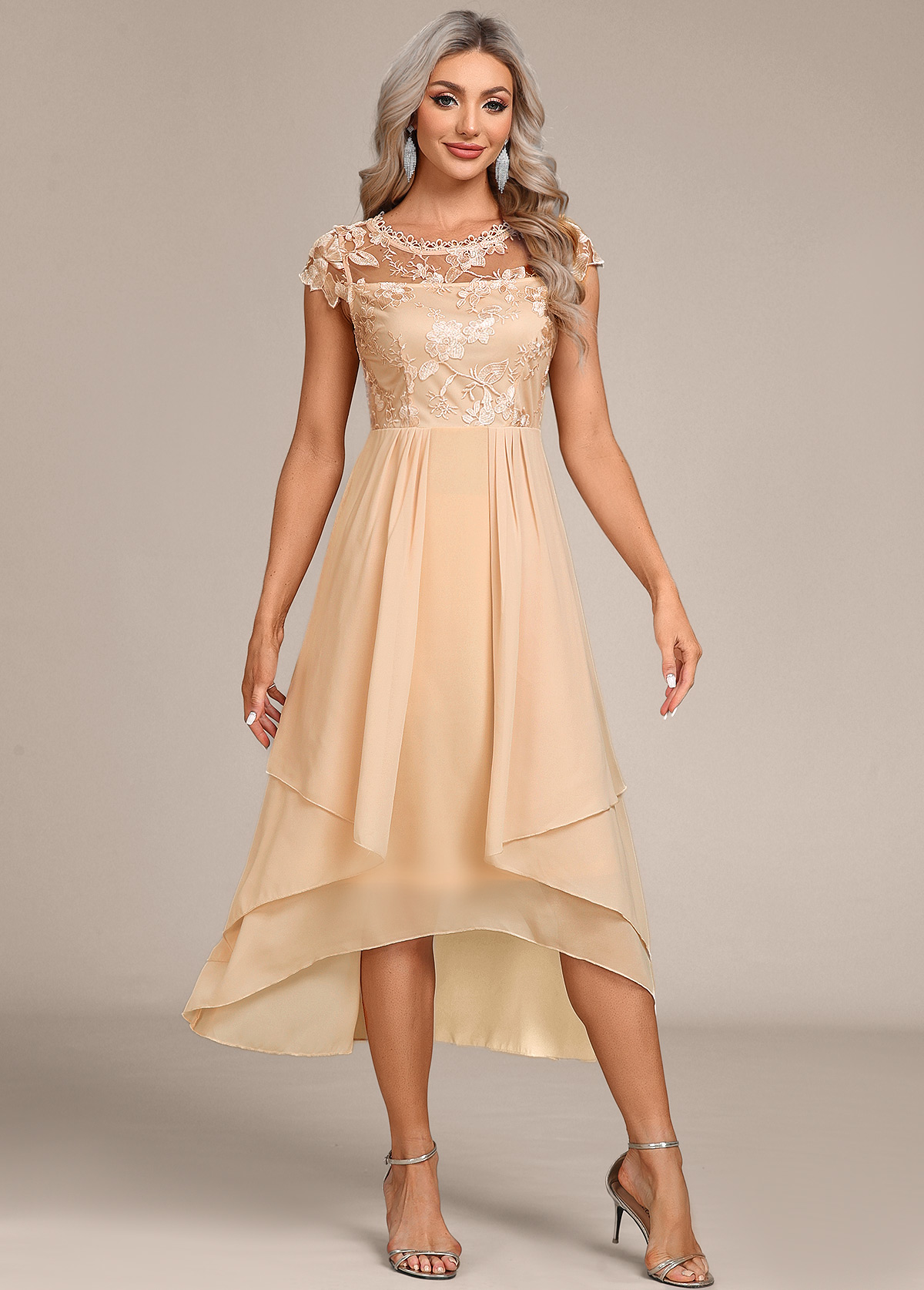 Round Neck Lace Champagne High Low Dress