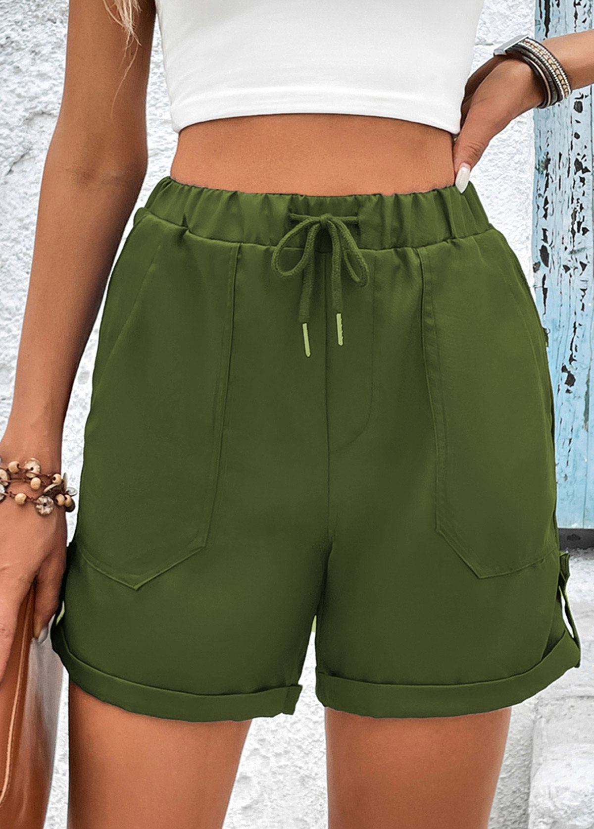 Olive Green Drawastring High Waisted Pocket Shorts