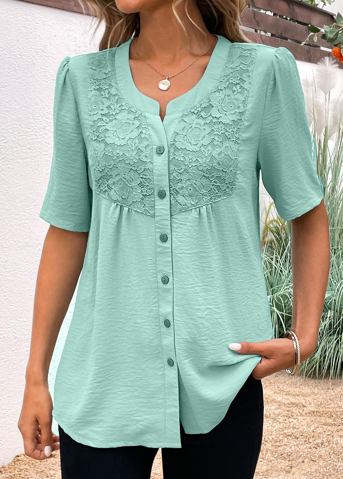 Split Neck Button Avocado Green Short Sleeve Blouse