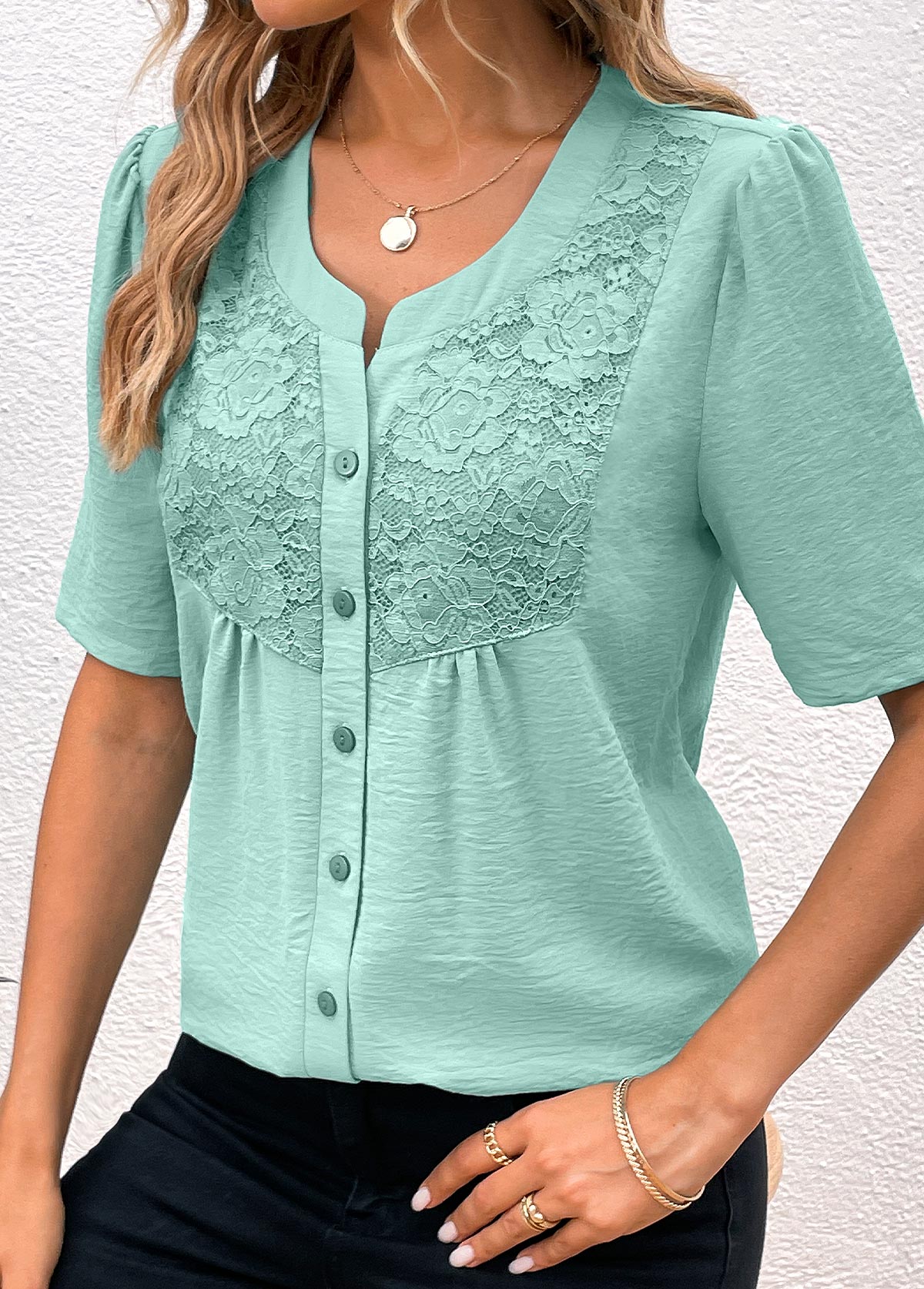 Split Neck Button Avocado Green Short Sleeve Blouse