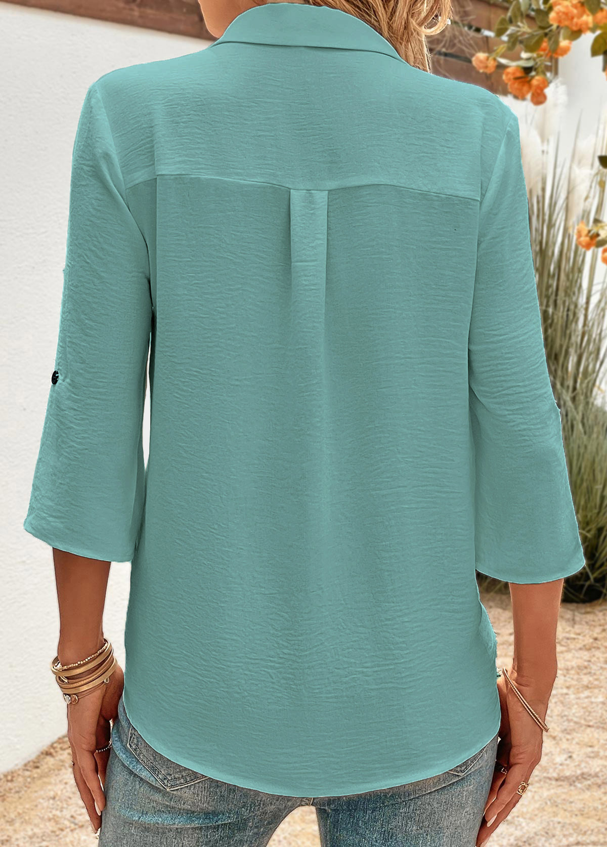 Button Peacock Blue 3/4 Sleeve Shirt Collar Blouse
