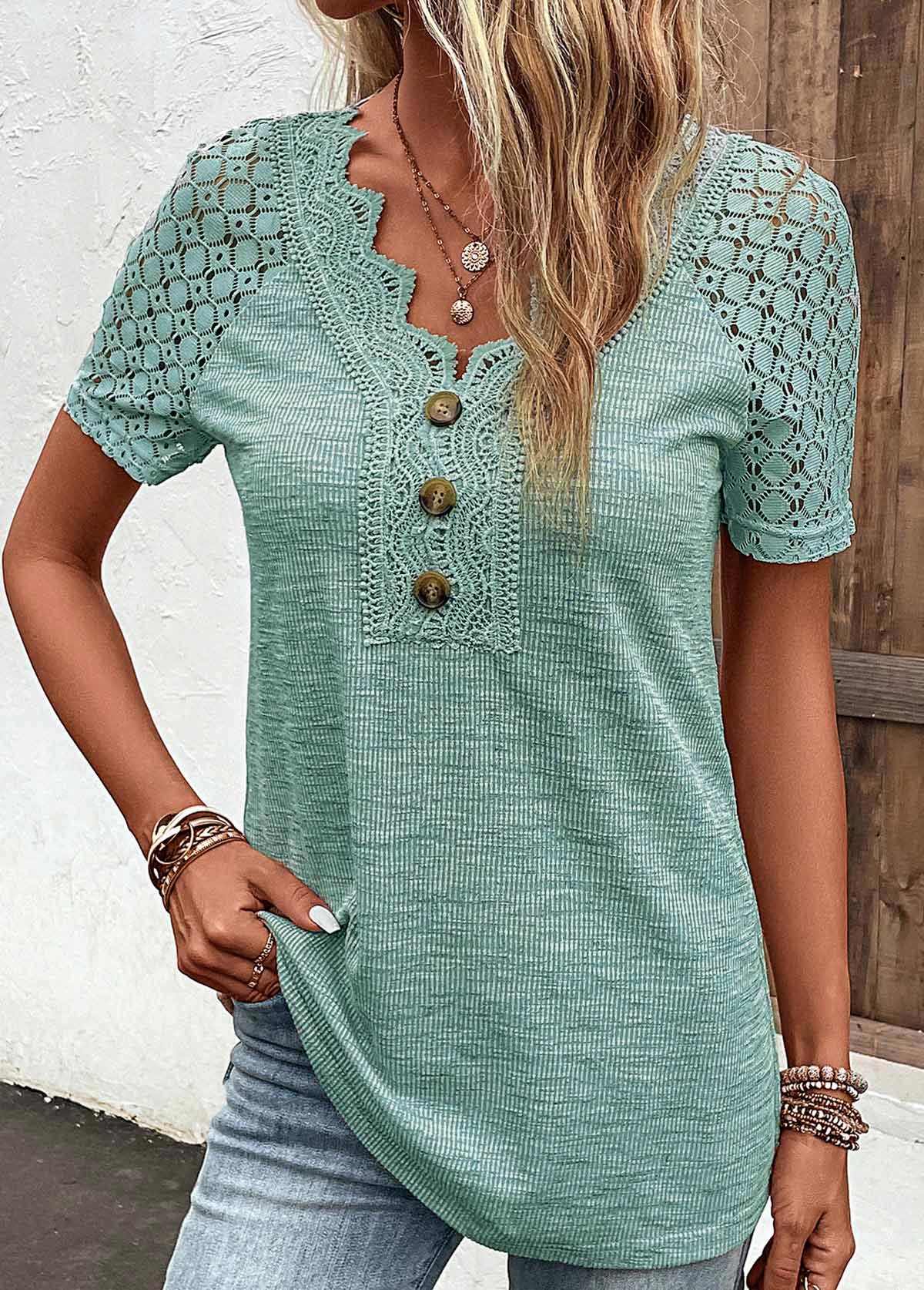 Green V Neck Short Sleeve Lace T Shirt