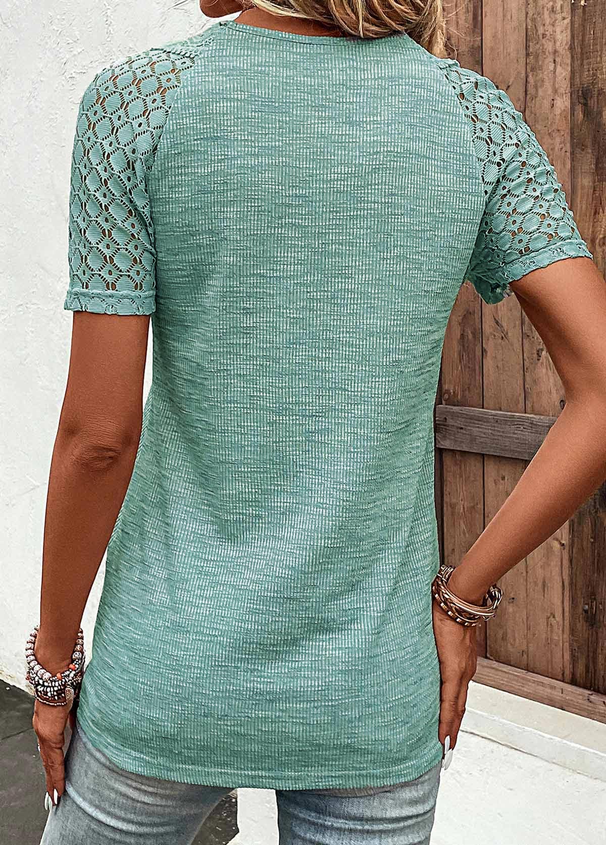 Green V Neck Short Sleeve Lace T Shirt