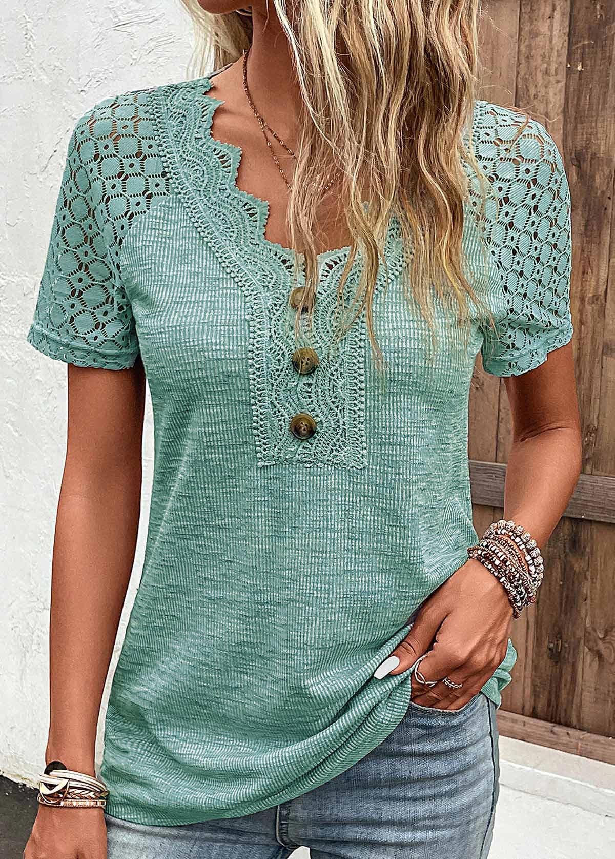 Green V Neck Short Sleeve Lace T Shirt