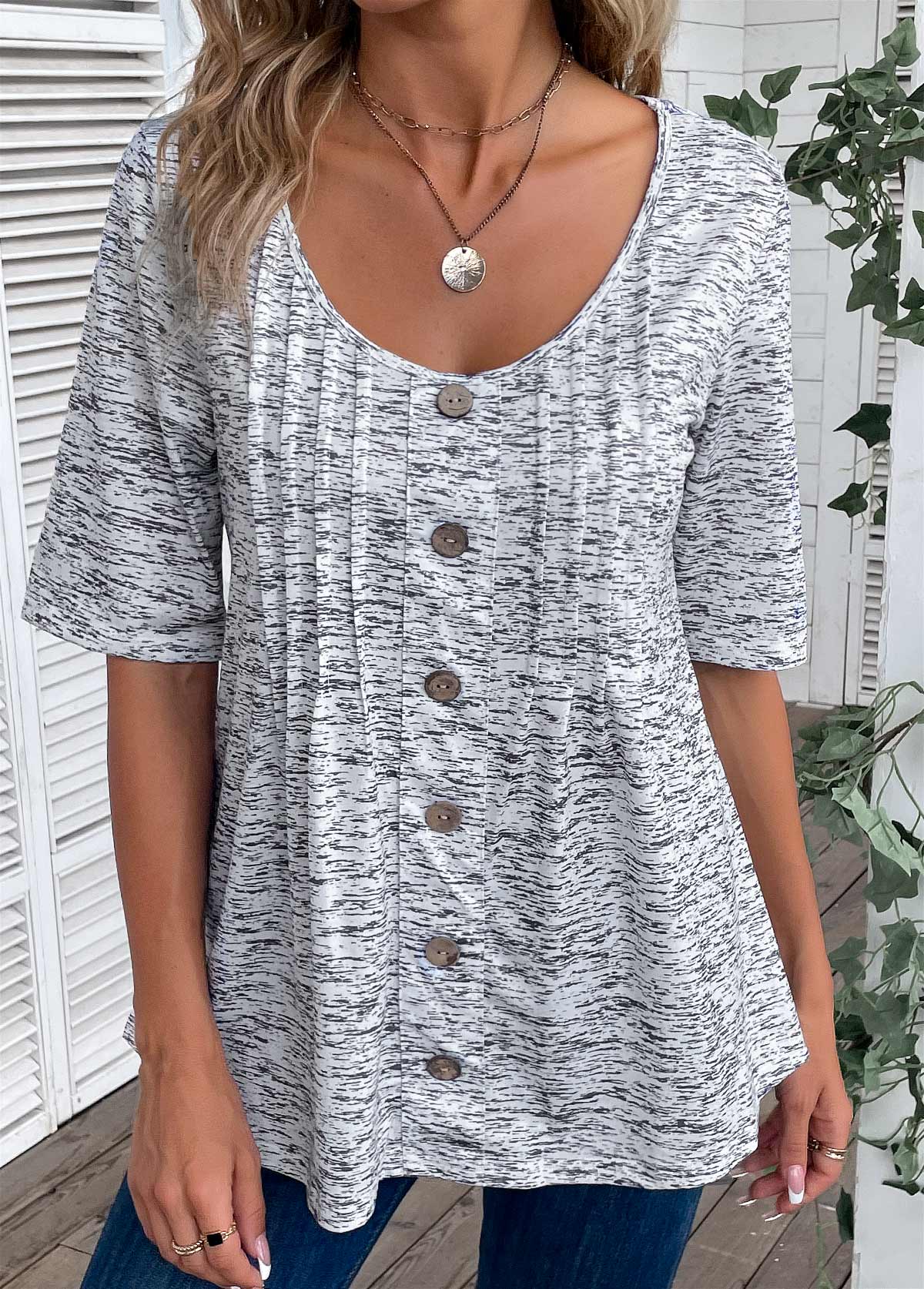 Button Scoop Neck Light Grey Marl T Shirt