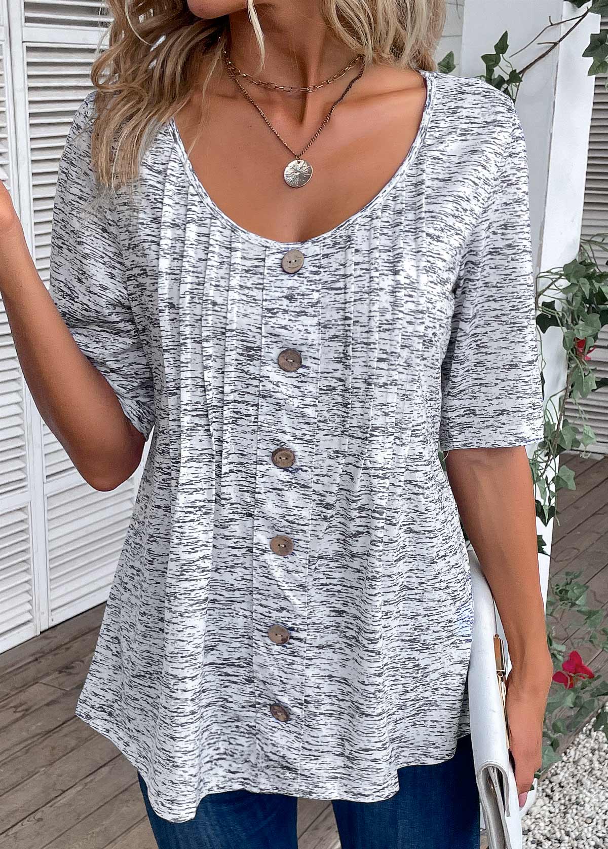Button Scoop Neck Light Grey Marl T Shirt