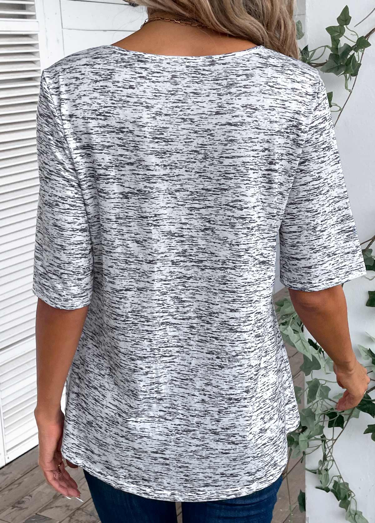 Button Scoop Neck Light Grey Marl T Shirt